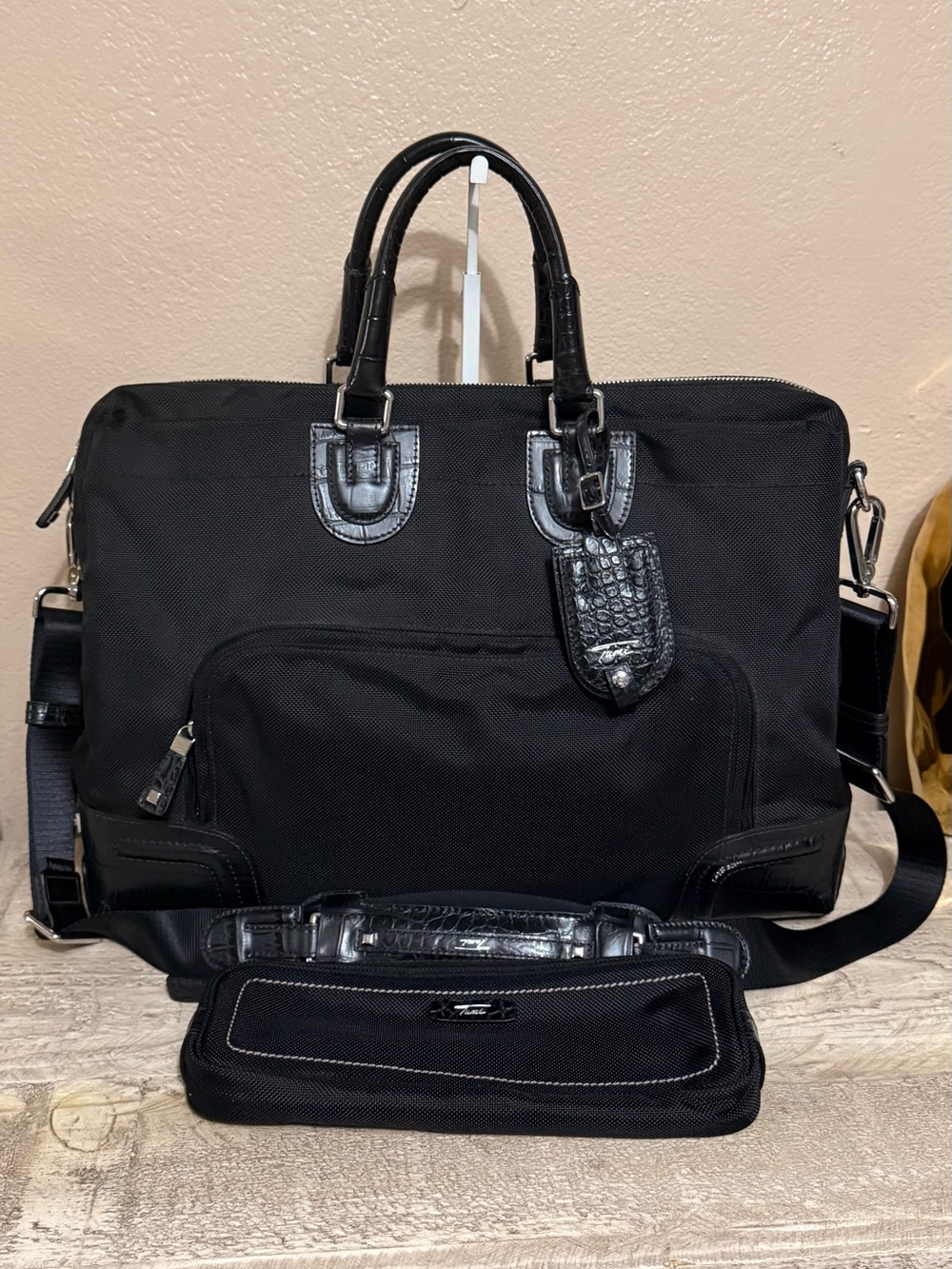 Tumi Black Men's Laptop Briefcase with Croc-Accent Trim